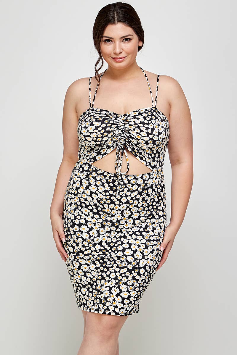 Plus Size Floral Halter Neck Cutout Dress - KY18051-D: Black / Plus Size / XL