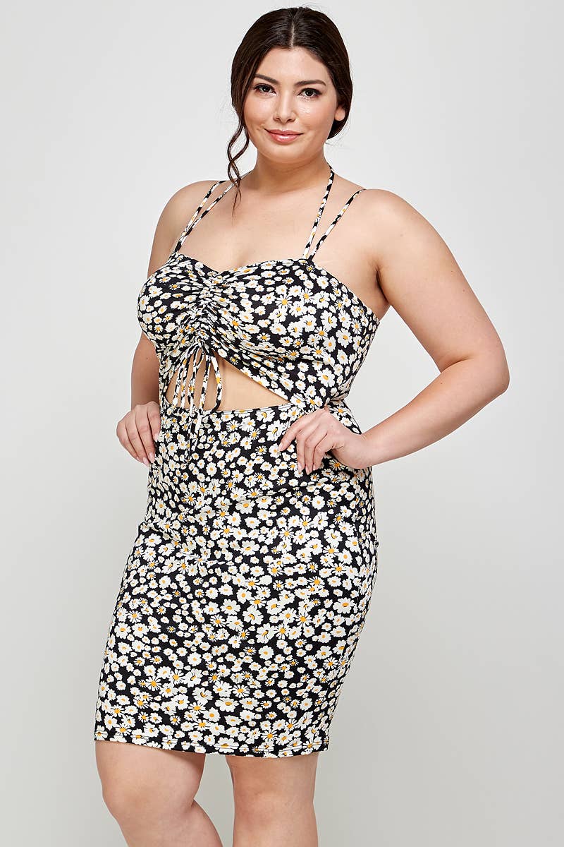 Plus Size Floral Halter Neck Cutout Dress - KY18051-D: Black / Plus Size / 3XL