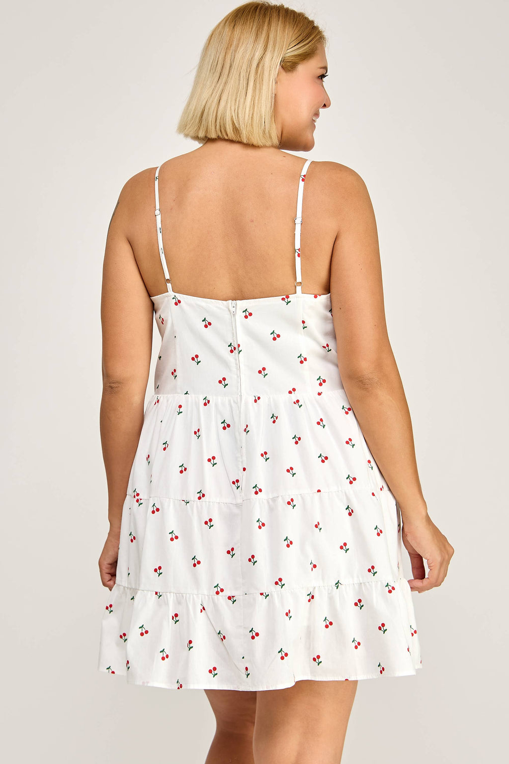 Plus Size Cherry Print Tiered Mini Dress SU2742P-D: White / Plus Size / 3X
