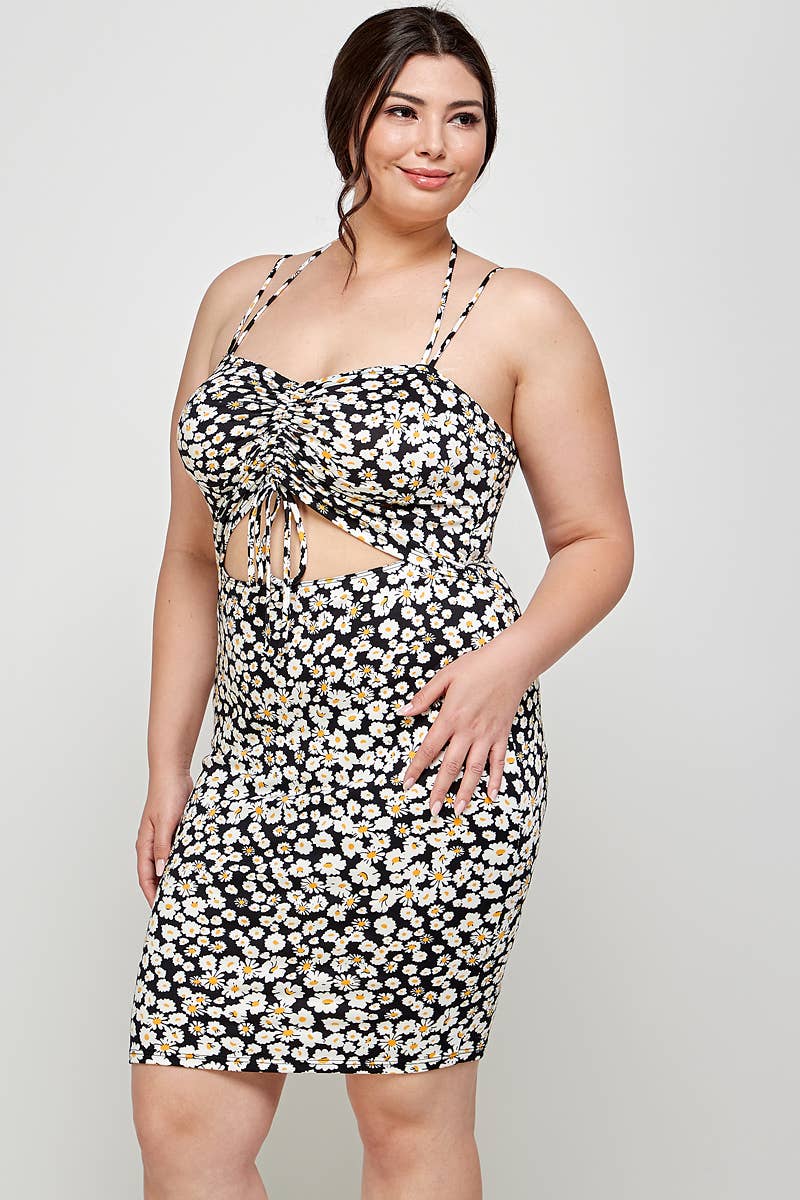 Plus Size Floral Halter Neck Cutout Dress - KY18051-D: Black / Plus Size / XL