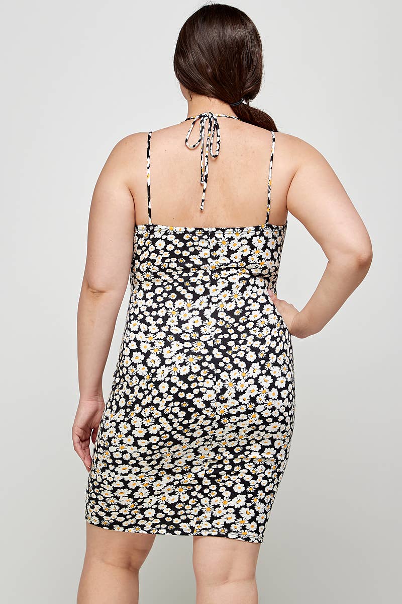 Plus Size Floral Halter Neck Cutout Dress - KY18051-D: Black / Plus Size / 3XL
