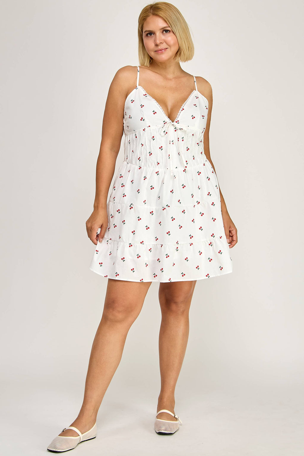 Plus Size Cherry Print Tiered Mini Dress SU2742P-D: White / Plus Size / 1X