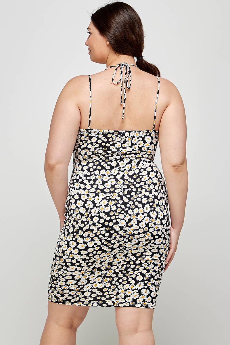 Plus Size Floral Halter Neck Cutout Dress - KY18051-D: Black / Plus Size / 2XL