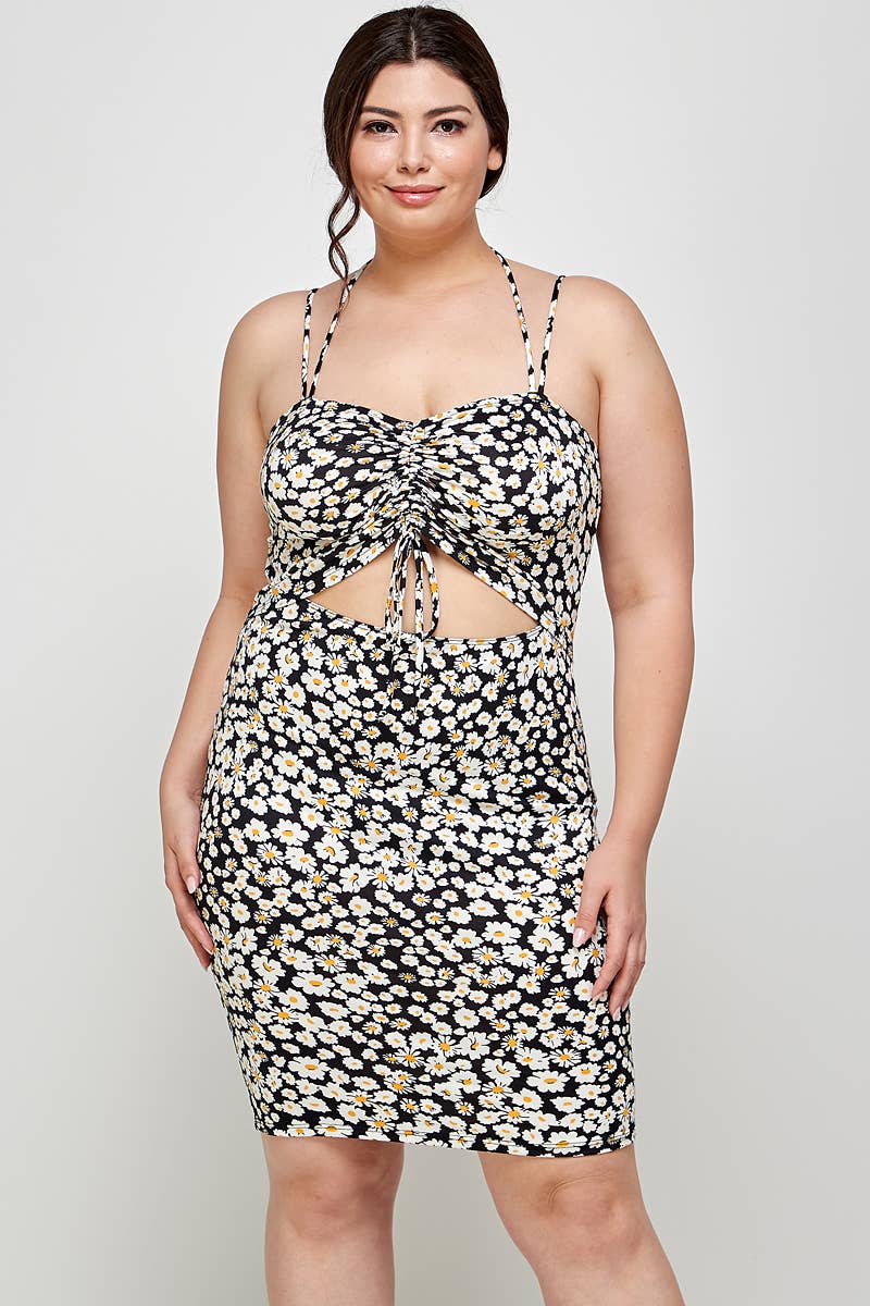 Plus Size Floral Halter Neck Cutout Dress - KY18051-D: Black / Plus Size / 2XL