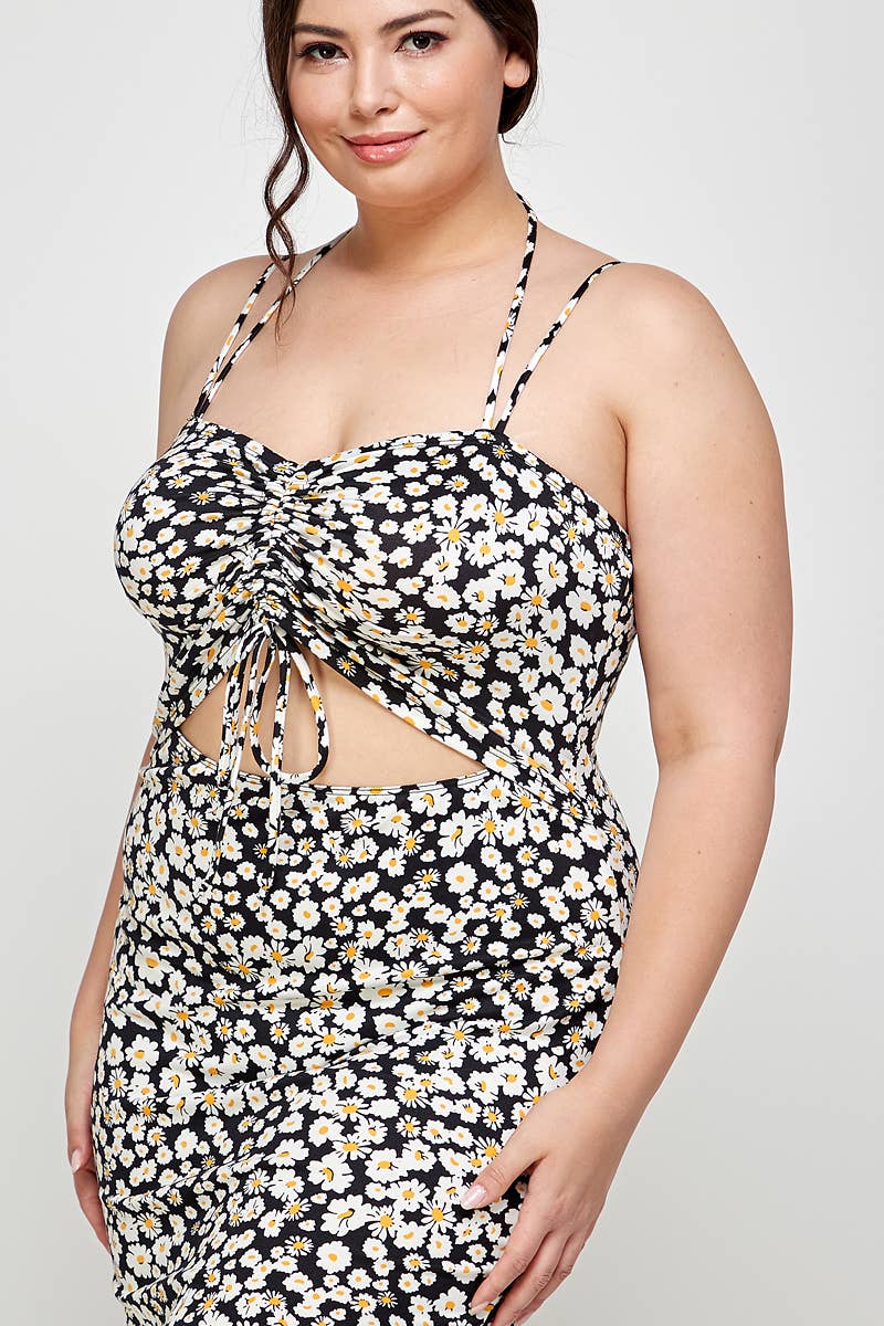 Plus Size Floral Halter Neck Cutout Dress - KY18051-D: Black / Plus Size / XL